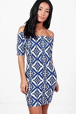 Boohoo Jenny Printed Off Shoulder Bodycon Dress