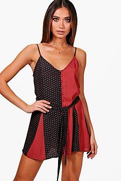 Boohoo Chiara Mix Print Strappy Swing Playsuit