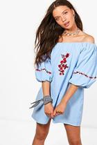 Boohoo Rosie Off The Shoulder Balloon Sleeve Embroidered Dress