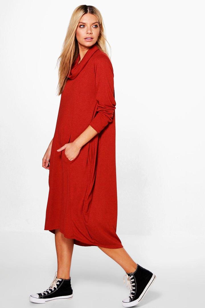Boohoo Elizabella Roll Neck Midi Dress Rust