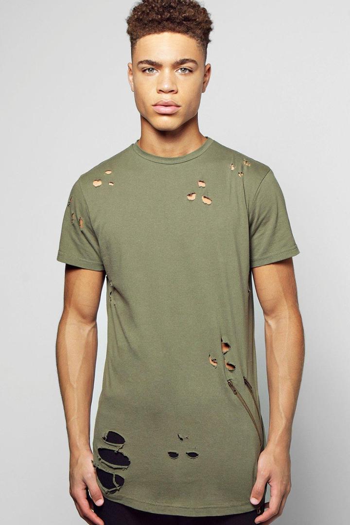 Boohoo Skater Fit Destroyed T Shirt With Double Zip Khaki