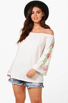 Boohoo Plus Harriet Off The Shoulder Embroidery Print Top