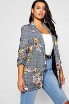 Boohoo Plus Floral Check Rouched Sleeve Fitted Blazer