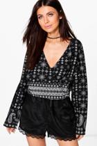 Boohoo Leanne Mixed Print Wrap Front Blouse Black