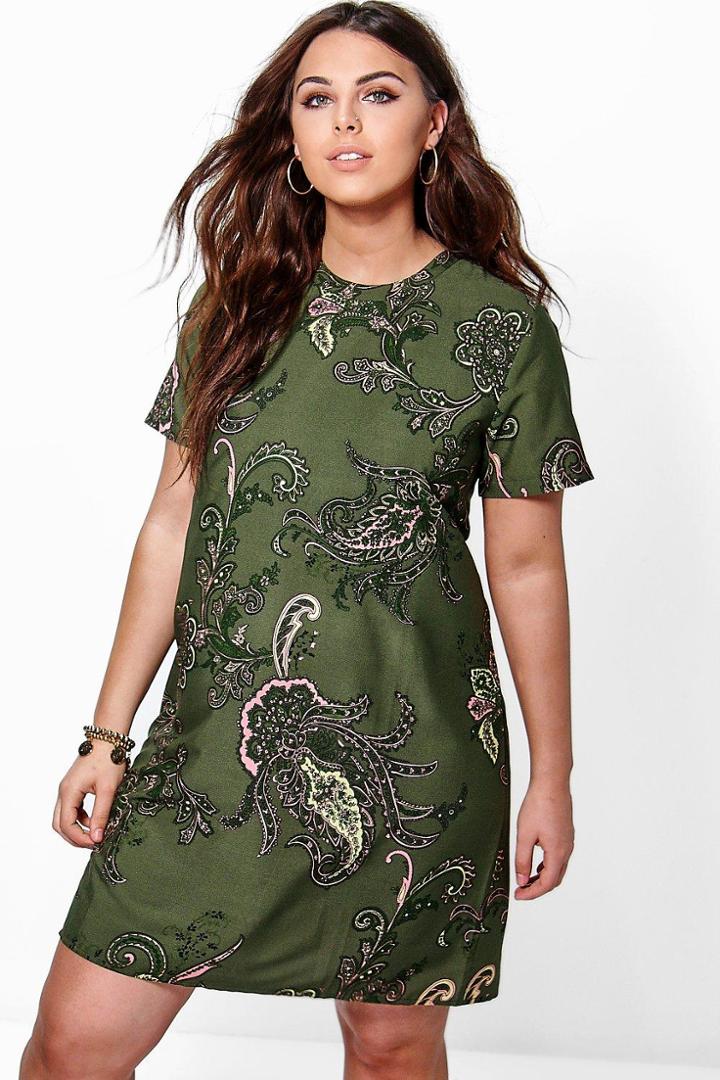 Boohoo Plus Nellie Paisley Cap Sleeve Shift Dress Khaki