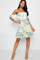 Boohoo Floral Off Shoulder Frill Hem Bodycon Dress