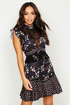 Boohoo High Neck Lace Insert Mix Print Skater Dress