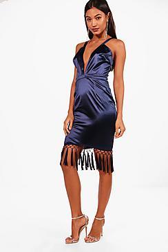 Boohoo Boutique Victoria Satin Tassel Hem Midi Dress