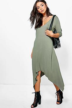 Boohoo Lydia V Neck Dipped Hem Midi Dress