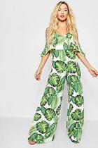 Boohoo Paris Hilton Palm Print Ruffle Wide Leg Jumpsuit