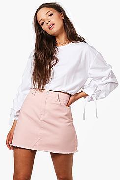 Boohoo Helen Nude Frayed Hem Denim Skirt