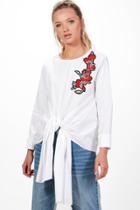 Boohoo Lola Embroidered Tie Front Blouse White