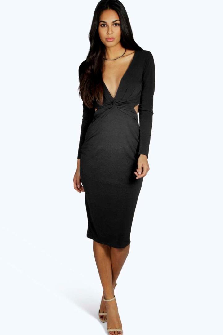 Boohoo Lorna Twist Cut Out Detail Midi Bodycon Dress Black