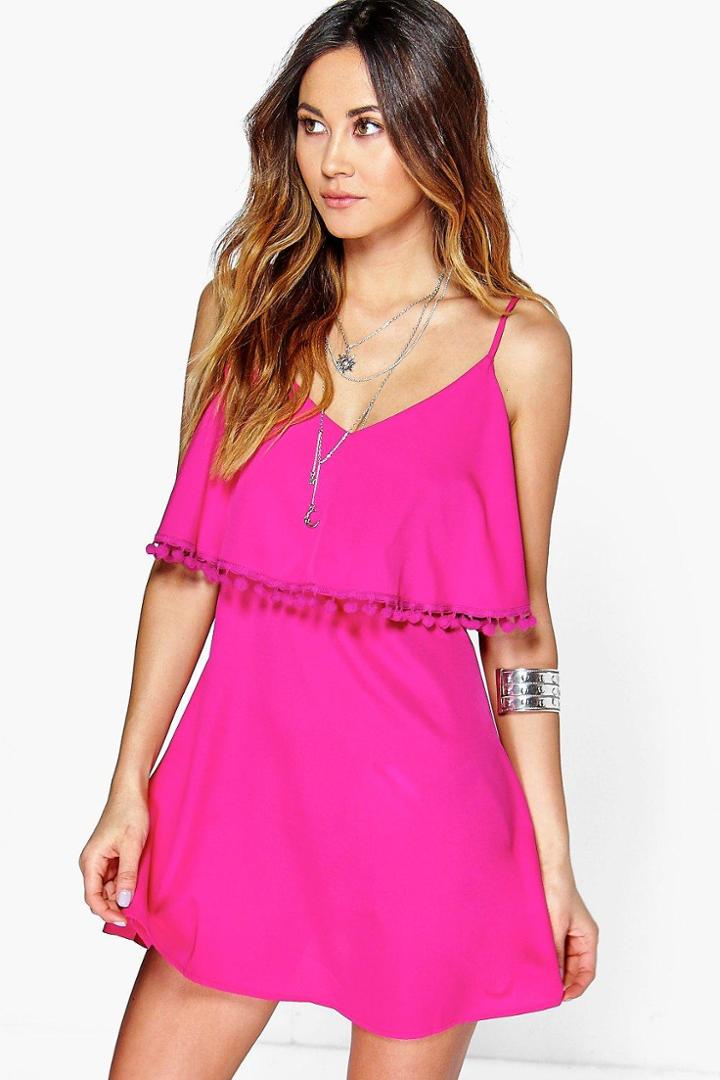 Boohoo Adriane Pom Pom Double Layer Sundress Raspberry