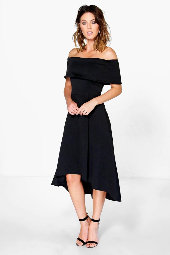 Boohoo Luana Off The Shoulder Dip Hem Skater Dress Black