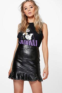 Boohoo Indra Stud Work Peplum Hem Leather Look Mini