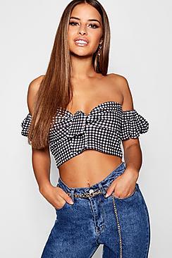 Boohoo Petite Gingham Tie Front Puff Sleeve Crop Top