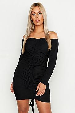 Boohoo Plus Rib Ruched Front Bardot Bodycon Dress
