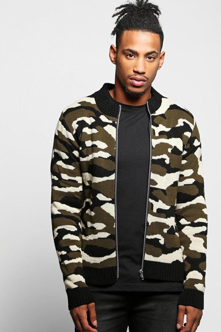 Boohoo Camo Zip Through Knitted Bomber Camo