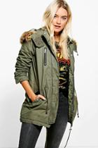 Boohoo Alicia Leather Look Trim Parka Khaki