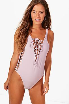 Boohoo Petite Hannah Lace Up Side Plunge Swimsuit