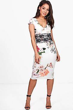 Boohoo Danielle Floral Lace Waist Midi Dress