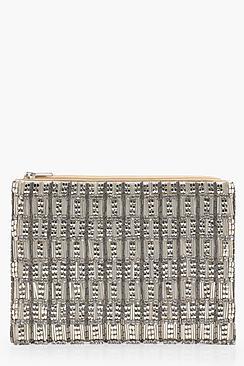 Boohoo Ivy Metal Bead And Diamante Ziptop Clutch