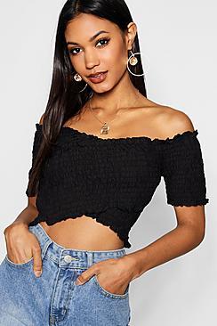 Boohoo Woven Shirred Cross Over Crop