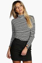 Boohoo Petite Darcy Ribbed Striped Turtle Neck Top