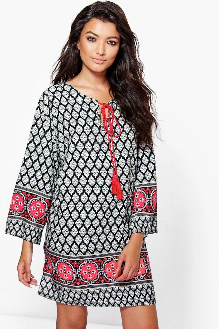 Boohoo Jackson Tassle Boarder Print Shift Dress Red