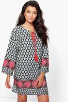 Boohoo Jackson Tassle Boarder Print Shift Dress Red