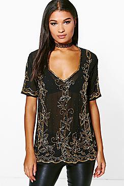 Boohoo Izzy Embellished Plunge T-shirt