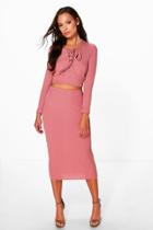 Boohoo Freya Rib Lace Up Crop And Midi Skirt Co-ord Rose