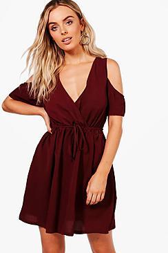 Boohoo Isla Cold Shoulder Wrap Front Skater Dress