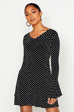 Boohoo Polka Dot Tie Back Jersey Skater Dress