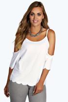 Boohoo Plus Charlotte Open Shoulder Scallop Edge Top White