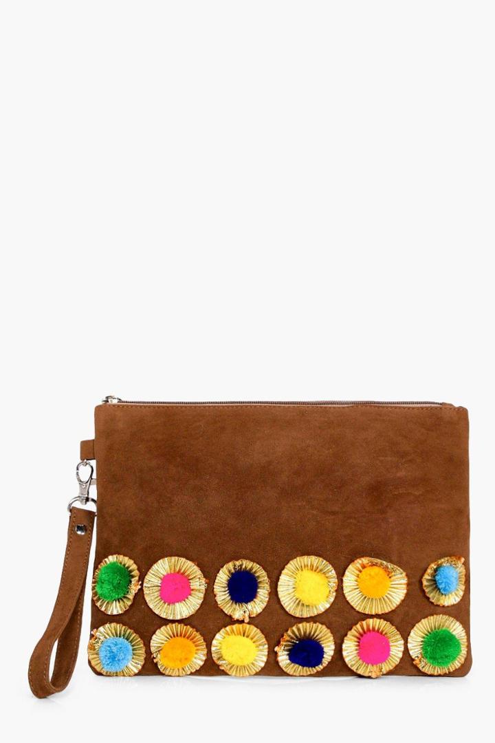 Boohoo Lacey Boutique Pom Trim Suede Clutch Tan