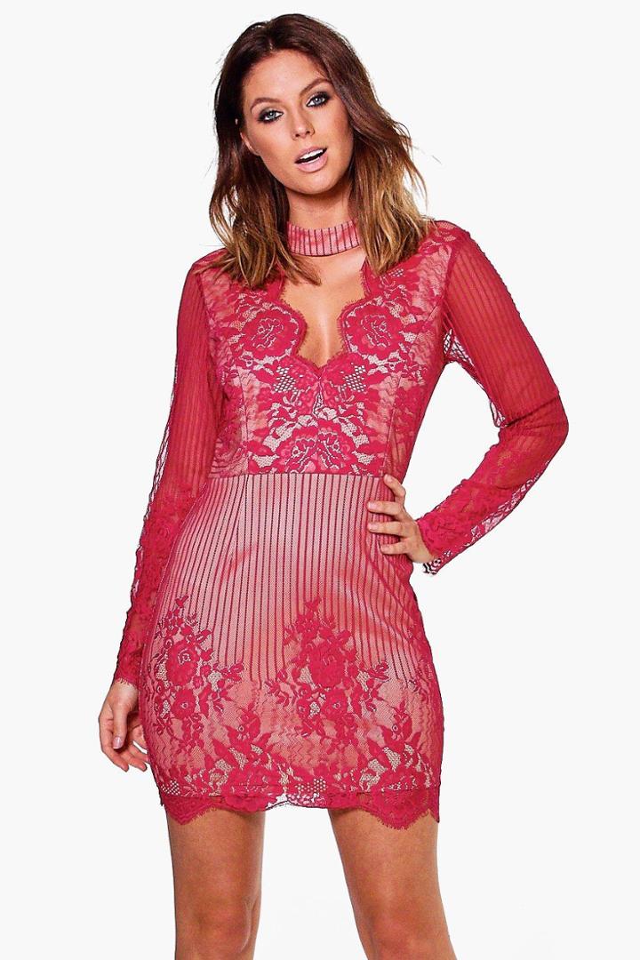 Boohoo Boutique Ida Scallop Lace Choker Bodycon Dress Wine