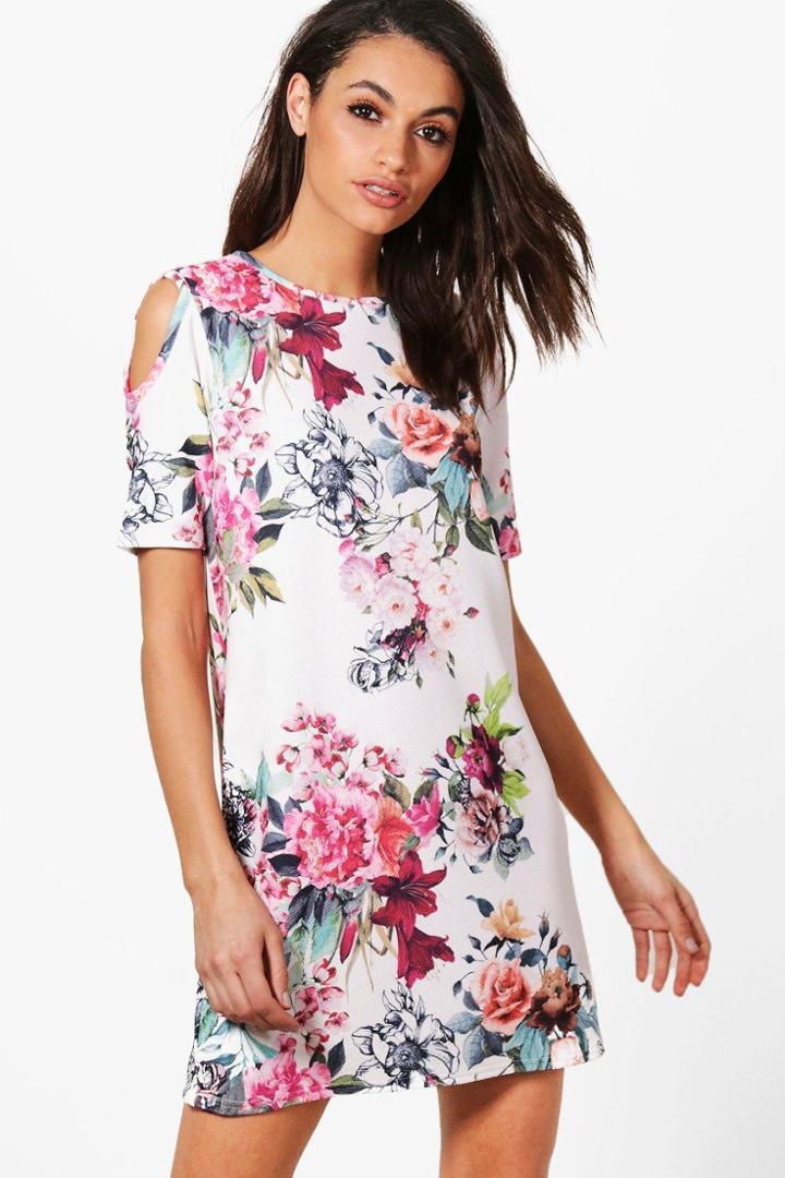 Boohoo Hollie Oriental Floral Cold Shoulder Shift Dress White