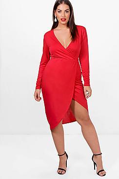 Boohoo Plus Amy Wrap Front Asymmetric Hem Dress