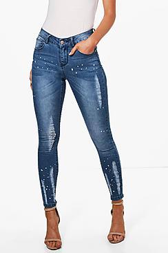 Boohoo Petite Julie Distressed Paint Skinny Jeans