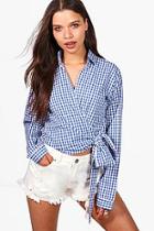 Boohoo Anna Blue Gingham Wrap Front Blouse