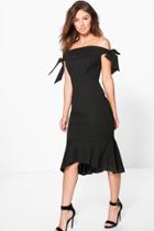 Boohoo Aly Tie Sleeve Off Shoulder Peplum Midi Dress Black