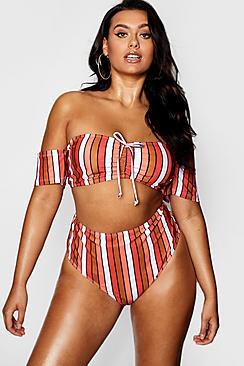 Boohoo Plus Louise Stripe Bardot High Waist Bikini