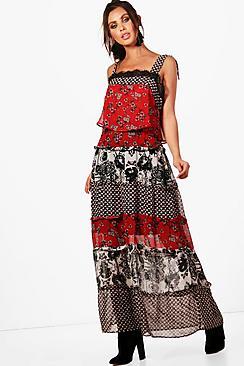 Boohoo Petite Leah Ruffle Tiered Mixed Print Maxi Dress