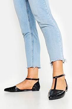 Boohoo T Bar Croc Pointed Flats