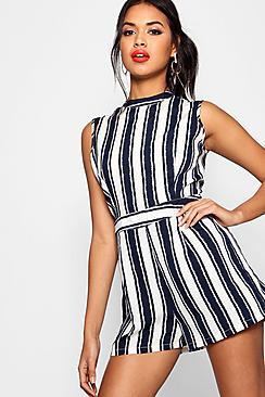 Boohoo Meg High Neck Striped Playsuit