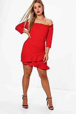 Boohoo Plus Nina Bardot Frill Hem Dress