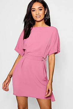 Boohoo Petite Turn Up Sleeve Waist Woven Shift Dress