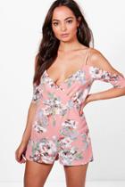 Boohoo Blair Floral Cold Shoulder Playsuit Nude